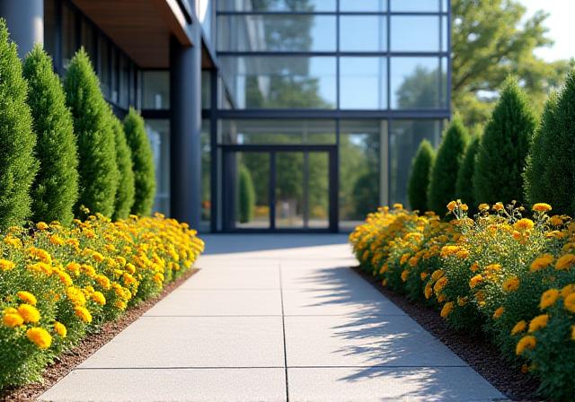 Impeccably manicured evergreen bushes and colorful annual flowers at a bustling commercial office entrance
