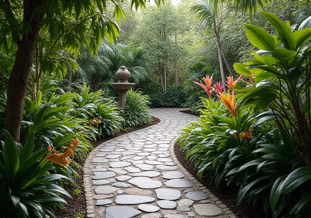 Meandering stone walkway meticulously integrated into a vibrant garden filled with diverse tropical plants